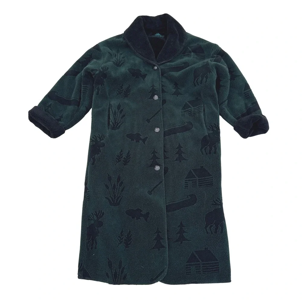VTG! Denali Reversible Fleece Coat Cabin Print Shawl Collar Long Sleeve Green M - Picture 1 of 16